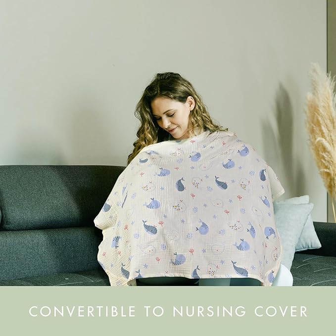 2-Pack Nursing Cover for Baby Breastfeeding - Muslin Breastfeeding Covers for Women Nursing, Breathable, Soft Arch Neckline, Green & Whale