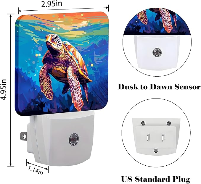 Watercolor Wild Turtle Night Light,Plug-in Nightlights Auto Sensor Night Lamp Dusk to Dawn Lamp Home Decor for Nursery Children Girls Boys