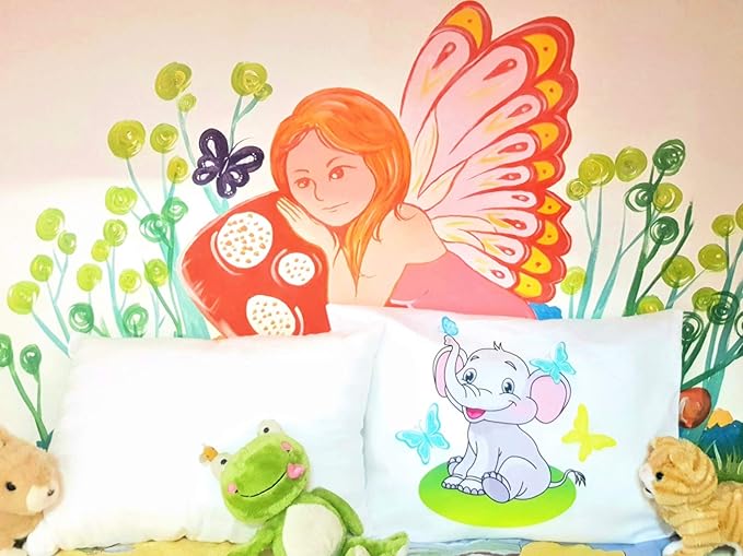 kinder Fluff Child Pillow with Pillowcase- 300T Cotton Shell & Down Alternative Fill - Ideal for Travel, Bedding Set & Floor Cushions (13x18in - White Pillow with Pillowcase Elephant Design)