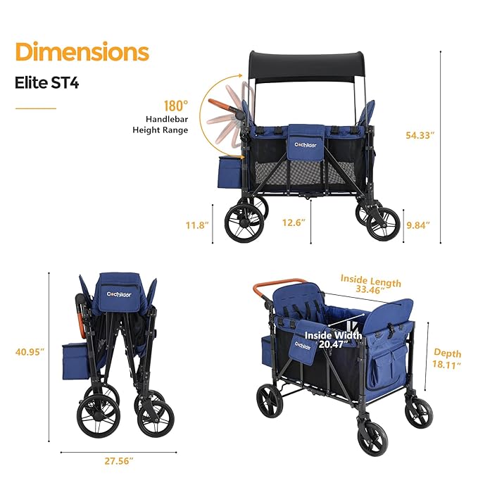 Elite 4-Seater Wagon Stroller for 2-4 Kids, One-Hand Fold, High Seats with 5 Point Harness, Adjustable Handle & Canopy, Blue