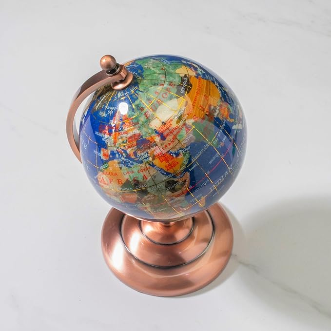 KALIFANO 7” Tall Gemstone Globe with Vibrant Polished Lapis Ocean and Mosaic Crystal Continents - World Globe with Metal Stand for Office & Home Décor