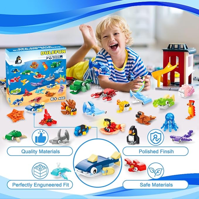 25 Packs Party Favors for Kids, Building Blocks Toys Sea Marine Animals Build Bricks for Classroom Prizes Goodie Bag Fillers Halloween Christmas Easter Birthday Gift Toy for Boys Girls Ages 6+