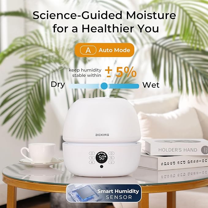 BOXING Top Fill Humidifiers for Bedroom Baby with Humidistat, 20dB Quiet Air Humidifier for Large Room & Indoor Plants with Remote, Cool Mist Diffuser for Home, 7 Color Light, Essential Oil Tray,Timer