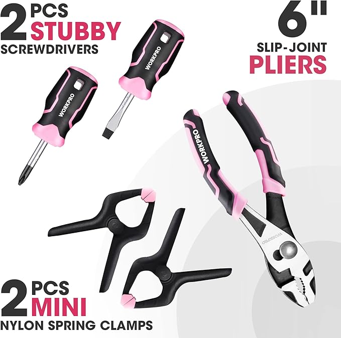 WORKPRO Pink Real Tool Set for Kids with 12 Inch Mini Steel Tool Box with Wheels, 10PCS Kids Real Tools with 2 Drawers Desk Metal Rolling Tool Chest, Children's Tool Kit for Home DIY- Pink Ribbon