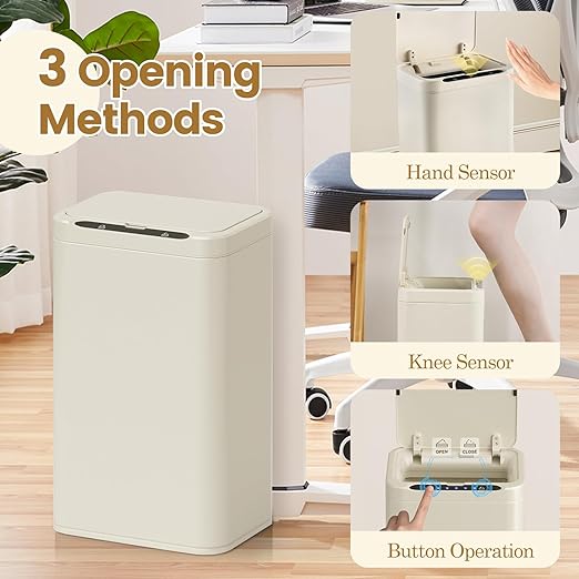 ELPHECO Stainless Steel Office Trash Can Motion Sensor Garbage Can Touchless Smart Trash Can Automatic Waste Bin for Kitchen, Office, Bathroom (Cream Beige, 6.6 Gallons), 2AA
