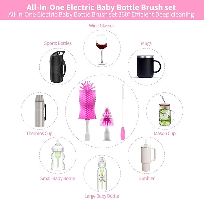 Electric Bottle Brush Cleaner, Portable Electric Baby Bottle Brush Cleaner for Travel, Rechargable Travel Bottle Cleaner Kit with Nipple & Straw Brush, Perfect Mom Essentials After Birth Gift, Pink