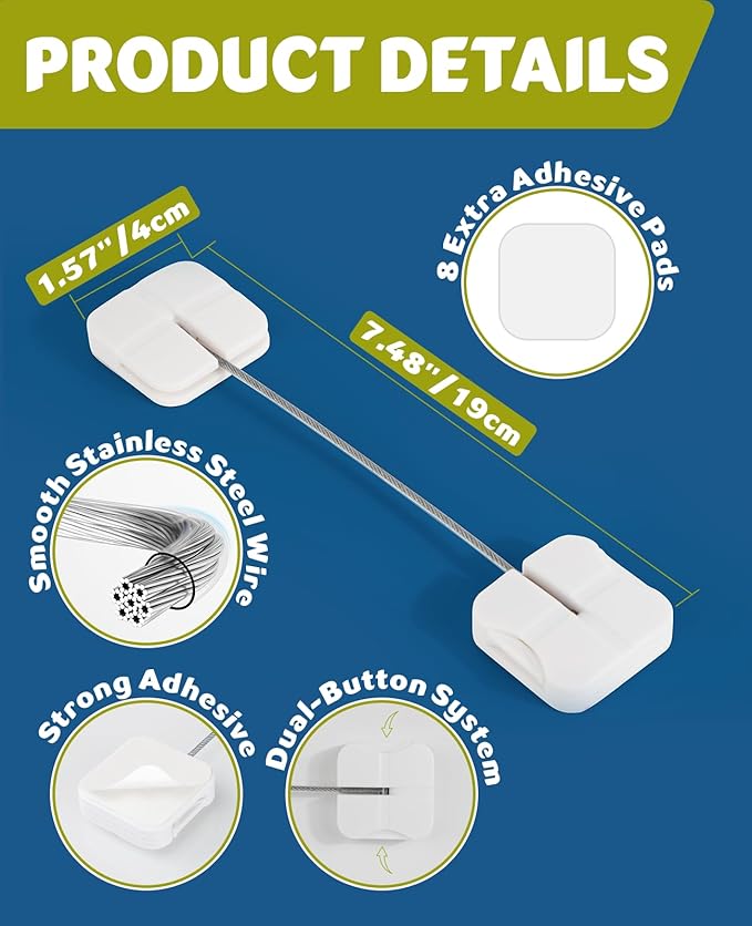 4 Pack Cabinet Locks Baby Proofing, Maveek Child Proof Drawer Locks Dual-Button White Fridge Lock Toilet Closet Dresser Kitchen Refrigerator Door Window Latch For 0-24 Month Infant Safety