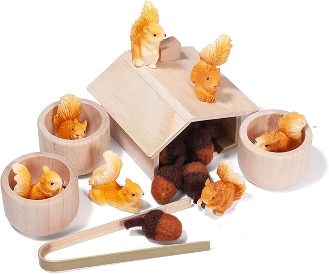 Sorting Stacking Wooden Toys for Toddlers, Squirrel Montessori Toys Toddler Sensory Bin Tool Toy, Wood Squirrel Toy House Fine Motor Skill Early Learning Educational Gift for Kids