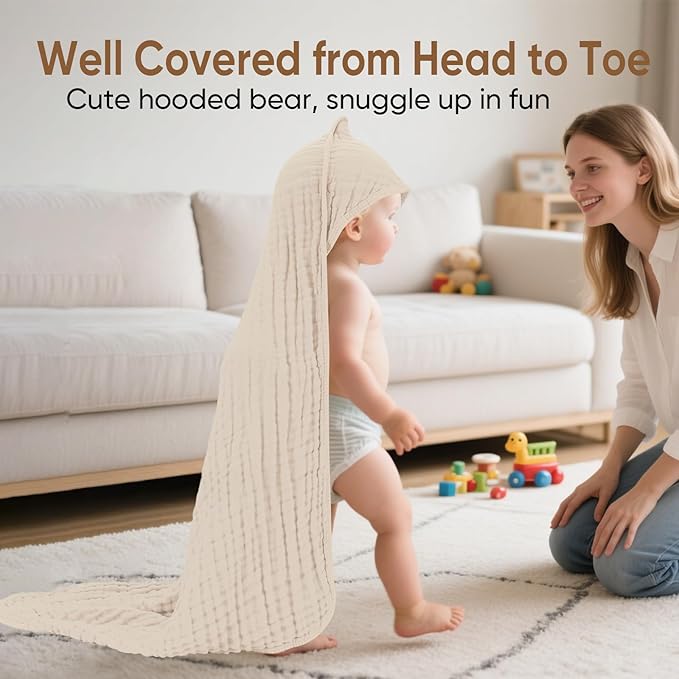 Muslin Hooded Baby Towels 100% Cotton ，Super Soft Muslin Baby Bath Towel - 32 x 32 Inches, Suitable for Newborn and Young Children up to 3 Years Old. (Beige & Coffee)