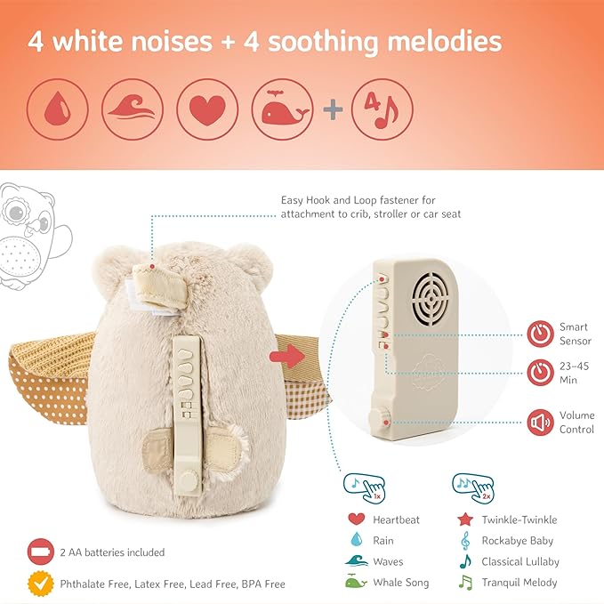 Cloud b Sound Machine with White Noise Soothing Sounds | Cuddly Stuffed Animal | Adjustable Settings and Auto-Shutoff | Nighty Night Owl™ Smart Sensor