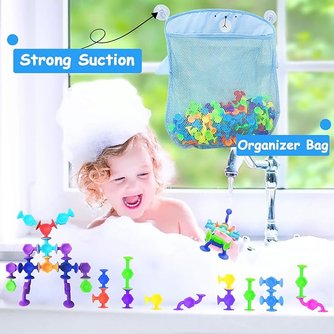 165Pcs Suction Cup Toy Bath Sensory Toys for Kids Genius Suckers Building Toys Party Favor Gift for 3 4 5 6 Year Old Boy Girl Toddler Travel Fidget Window Toy with Storage Organizer