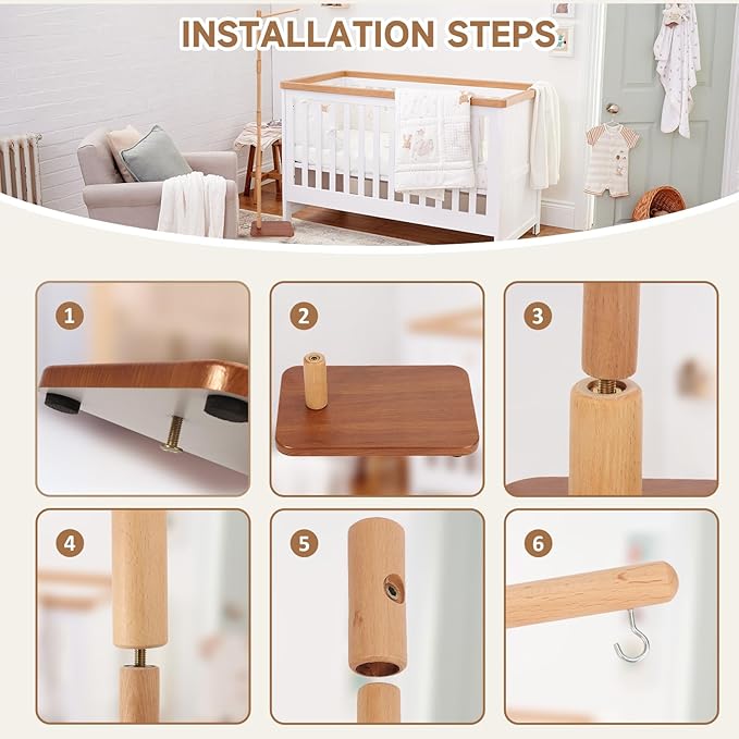 Floor-Standing Crib Mobile Arm with Music Box - 65 Inch Mobile Arm for Crib - 100% Beech Wood - Crib Mobile Motor - Volume Control - 35 Lullabies - Wooden Nursery Decor - Baby Mobile Hanger