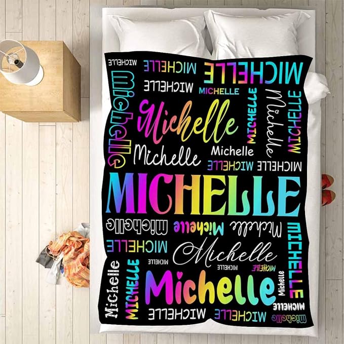 M YESCUSTOM Custom Name Blankets for Kids, Personalized Baby Blankets for Girls Boys Adult Toddler Customized Soft Throw Blanket Birthday Christmas Valentines Day Colorful Black