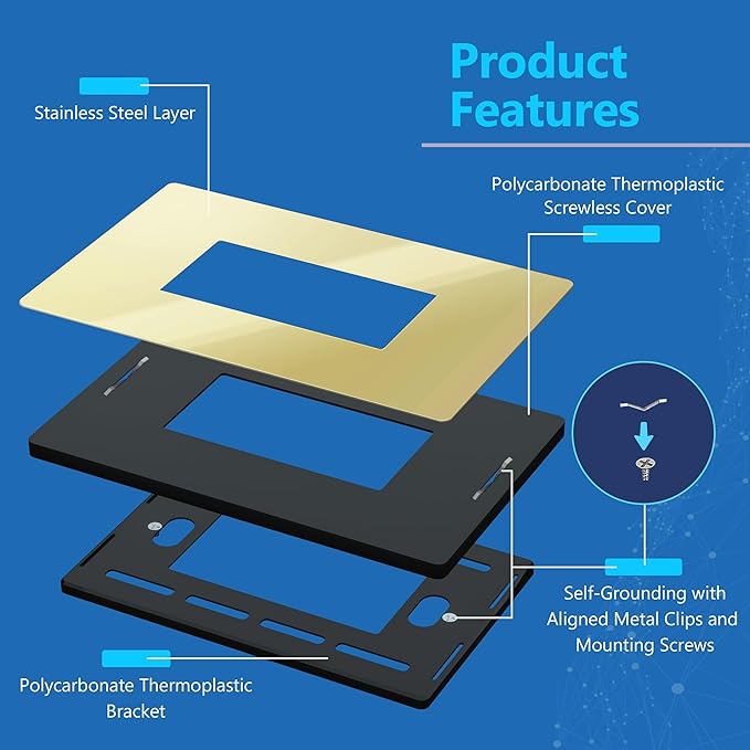 LIDER Decorator Metal Wall Plate, Temperature and Impact Resistant, 201 Stainless Steel, Screwless Cover, Modern Decoration Upgrade, Mid-Size 1-Gang 4.88" x 3.11", Polished Brass, LSMWP-31M-PB
