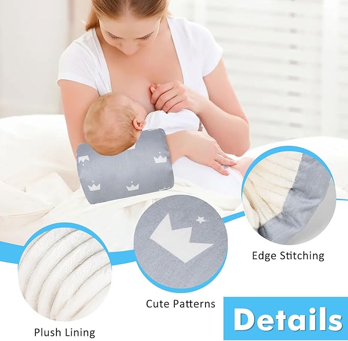 Nursing Arm Pillows for Breastfeeding,Baby Feeding Arm Pillow Portable and Washable for Travel, Soft Cotton Ergonomic Bottle Nursing Essentials（Grey Crown）