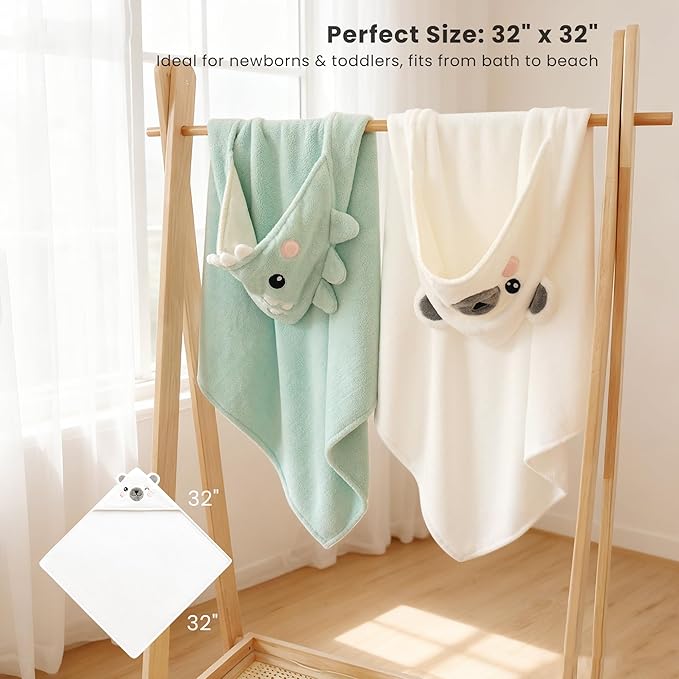 Konssy 2-Pack Hooded Baby Towels, 32" × 32" Soft & Absorbent Plush Fleece, Cute Animal Hood, Baby Bath Towels for Newborns & Toddlers, Boys & Girls