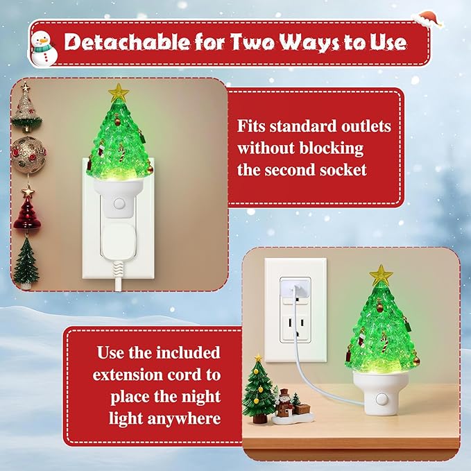 2 Pack Christmas Tree Night Light Plug into Wall Glitter Water Nightlight with USB/Outlet Options, Christmas Tree Decorative Nightlight for Bedroom Kitchen Nursery Holiday Decorations Gifts (Tree)