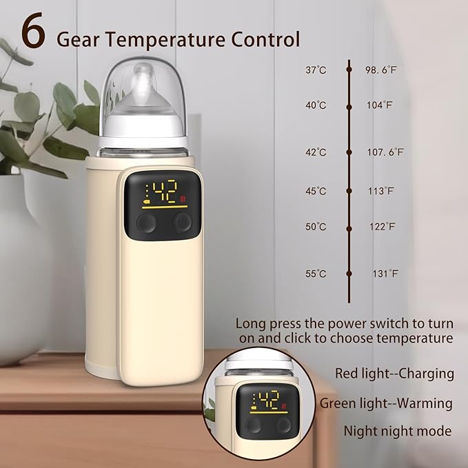 Portable Baby Milk Bottle Warmer for Breastmilk and Formula Feeding,Travel Fast Baby Bottle-Feeding Breast Milk Waterless Warmer,Rechargeable 6000 mAh Battery,Digital Display,Bottle Warmer On The Go