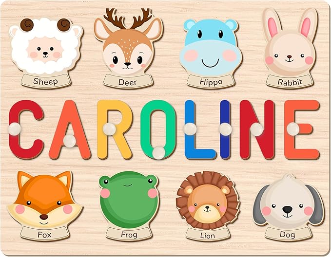 Custom Name Puzzle for Kids Personalized Wooden Animal Puzzles for Toddlers 1-3 Engraved Text on Back, Personalized Baby Gifts Educational Toys for 1 Year Old Girl Gifts for Birthday Baptism