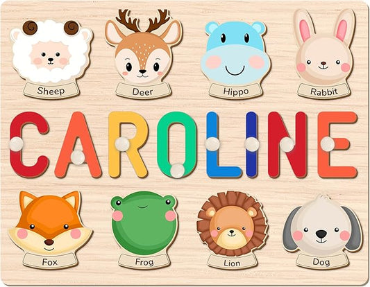 Custom Name Puzzle for Kids Personalized Wooden Animal Puzzles for Toddlers 1-3 Engraved Text on Back, Personalized Baby Gifts Educational Toys for 1 Year Old Girl Gifts for Birthday Baptism