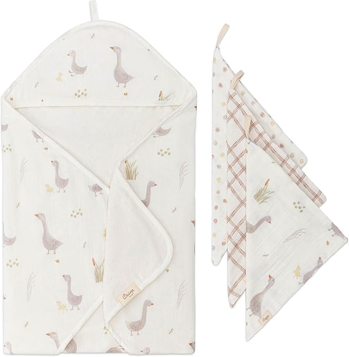 Crane Baby Hooded Towel & Washcloth Set, Charlie Farmhouse Goose Hooded Baby Towels and Washcloths Set, Baby Bath Essentials, Washcloths for Newborn, Muslin Towel for Babies