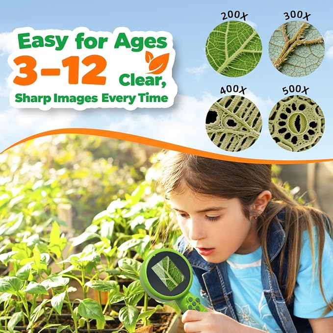 Kids Microscope with Bug Catcher Kit, 1080P Digital Mini Handheld Microscope STEM Science Toy with LED Light, Rechargeable, Portable, Supports 64GB TF Card, Educational Gift for Kids Ages 3-12 (Green)