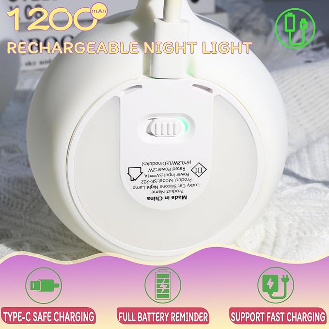 Cat Night Light for Nursery, Silicone Rechargeable Night Light with Timer & 3 Modes, Touch Control Kids Bedroom Light (Cute Cat Design)