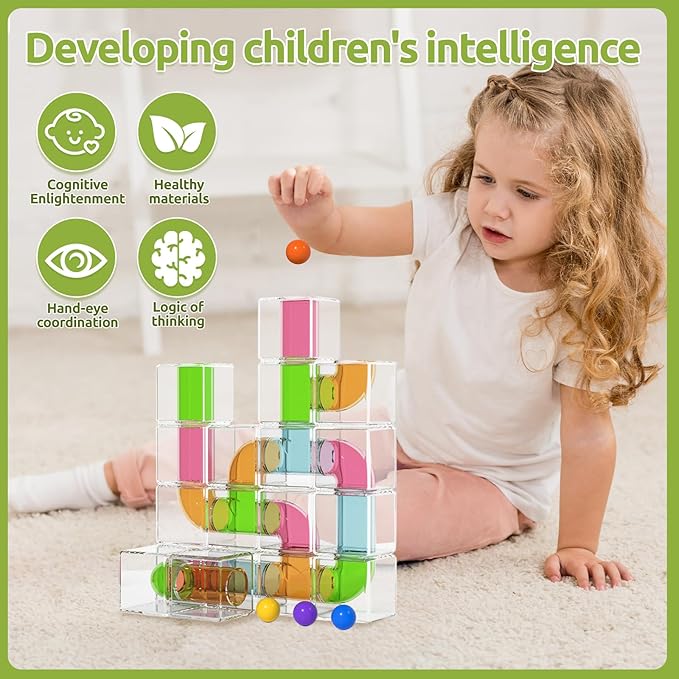 36 PCS Stacking Blocks – 1.6 Inch Transparent Building Cubes with Learning Cards, Pipe Tube for Marble Run, STEM Educational Toy for Kids 3+, Sensory Gift for Boys & Girls