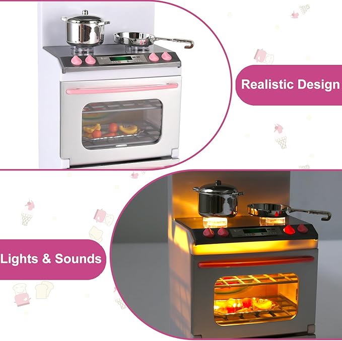 Doll Kitchen Playset for Kids, My Modern Mini Kitchen House Furniture Pretend Play Toy Accessories Set with Realistic Lights & Sounds for Toddlers, Girls (4-in-1)