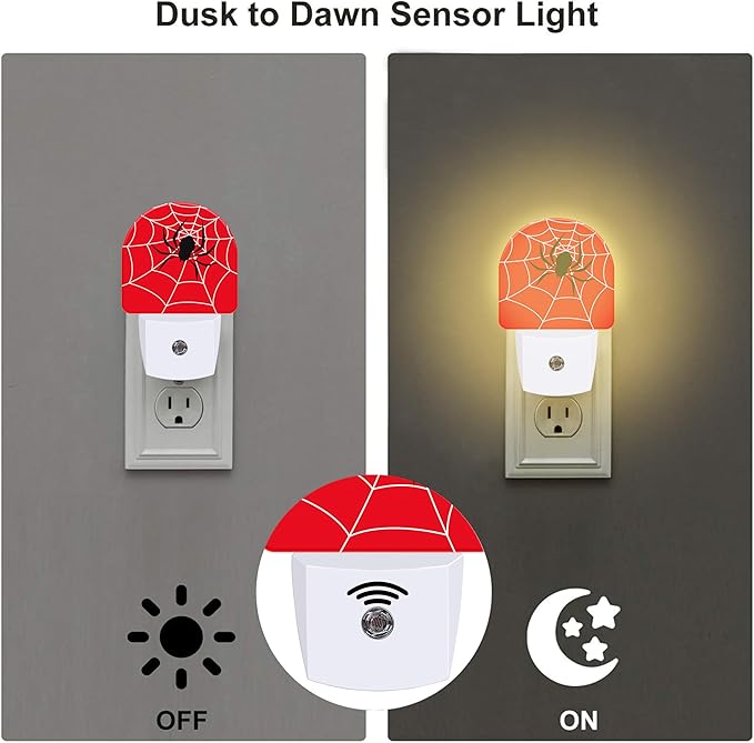 Red Spider Web Night Light Plug into Wall, Black Spider on Web Dusk to Dawn Night Light,0.5w Energy Saving Sleep Friendly Nightlights for Kids Boys Girls Home Decor
