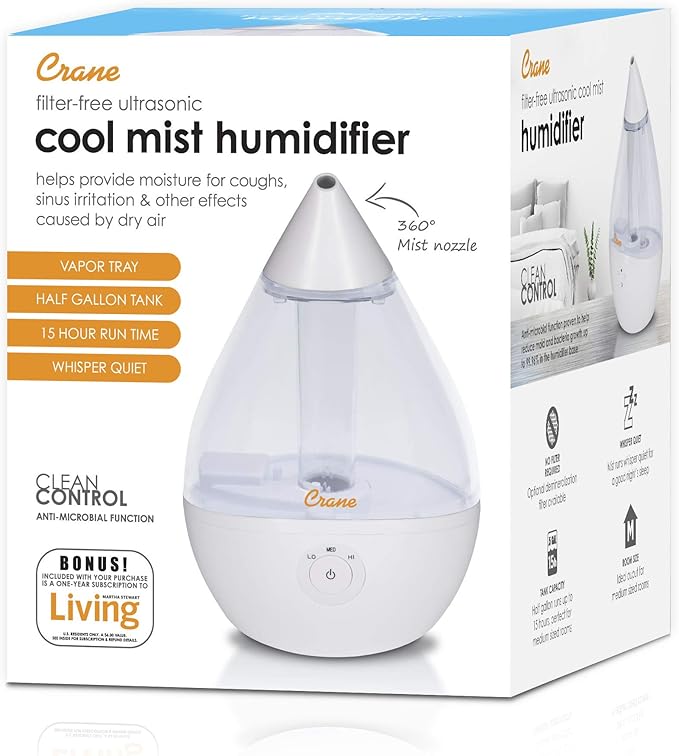 Crane Ultrasonic Teardrop Humidifier for Baby, Cool Mist, Auto Shut off, Adjustable Humidity, for Nursery, Bedroom, Clear and White, 0.5 Gallon