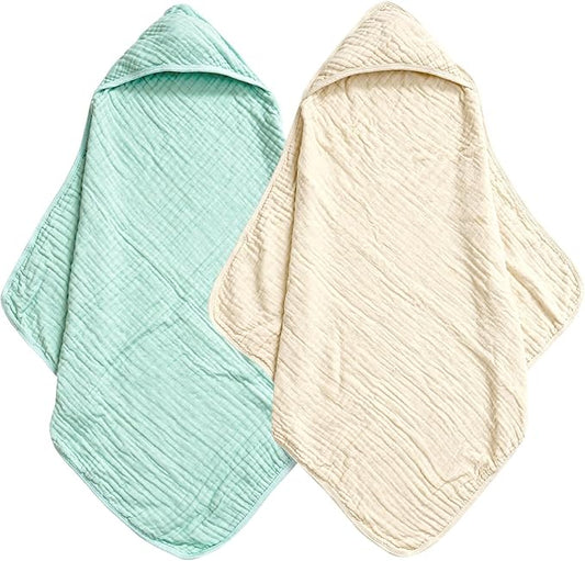 david's kids 2 Pack Hooded Baby Towels, 100% Muslin Cotton 6-Layer Ultra Soft Breathable Absorbent Baby Bath Towels for Infant and Toddler, Newborn Essentials, Large 32x32Inch, Beige & Green