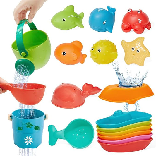 Baby Bath Toys for Kids Ages 1-3, 16PCS Mold Free Bath Toys for Toddlers 2-4 Bathtub Water Table Pool Sand Play Toys, Christmas Stocking Stuffers for Babies & Toddlers