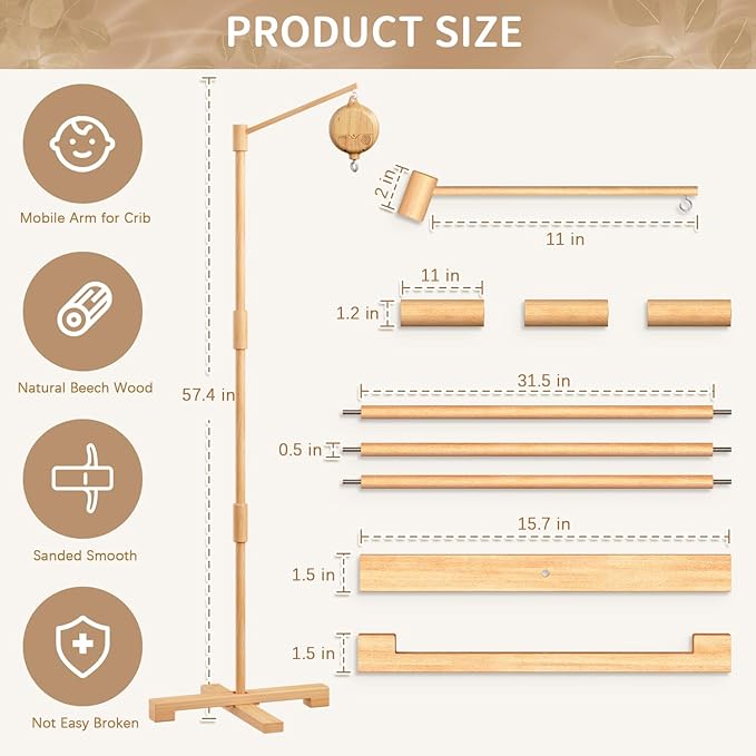 FEISIKE Baby Crib Mobile Arm with Music Box Spin Motor, 57.4 Inch Mobile Arm for Crib Wooden Nursery Decor Hanger Holder for DIY Mobile