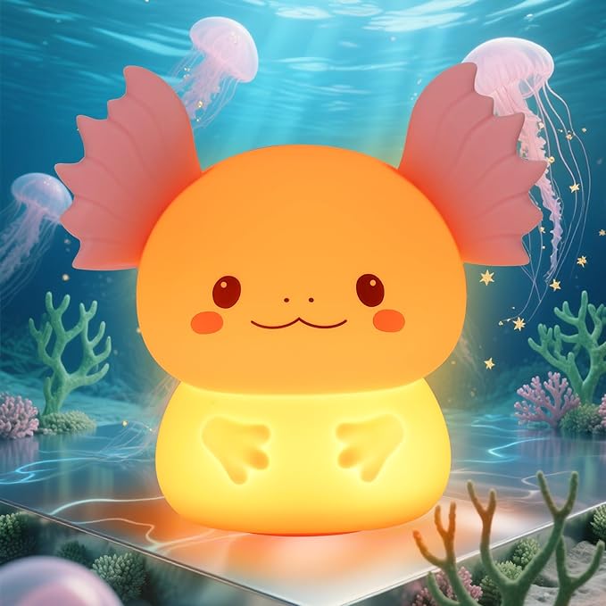 Axolotl Night Light for Kids, Rechargeable Bedroom Bedside Lamp, Night Lamp for Kids Room, Dimmable Nursery Night Light,Girls Boys Room Decor 3 Level Brightness,Animal NightLight for Baby and Toddler