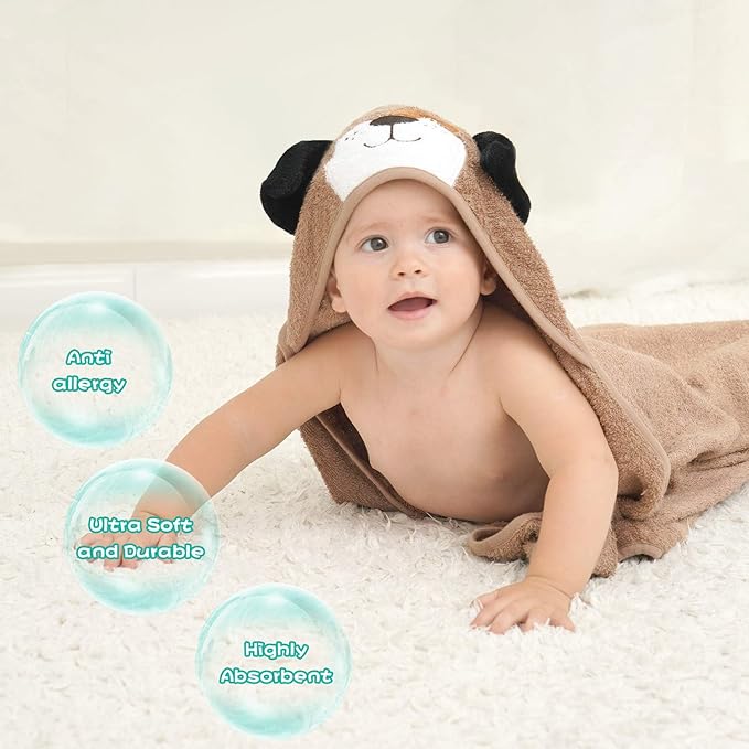 Touchat Hooded Baby Towels, Soft and Hypoallergenic Baby Bath Towels with Hood for Toddler Infant Newborn, Large and Absorbent Toddler Towels for Baby Boy Girl (Puppy, 35.1''x35.1'')