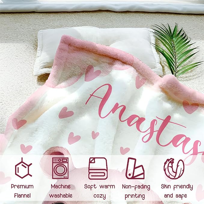 Personalized Baby Blanket for Girls, Custom Baby Blanket with Name, Soft Cozy Personalized Name Blankets for Kids, Customized Hippo Blankets for Infant Toddler Birthday Christmas