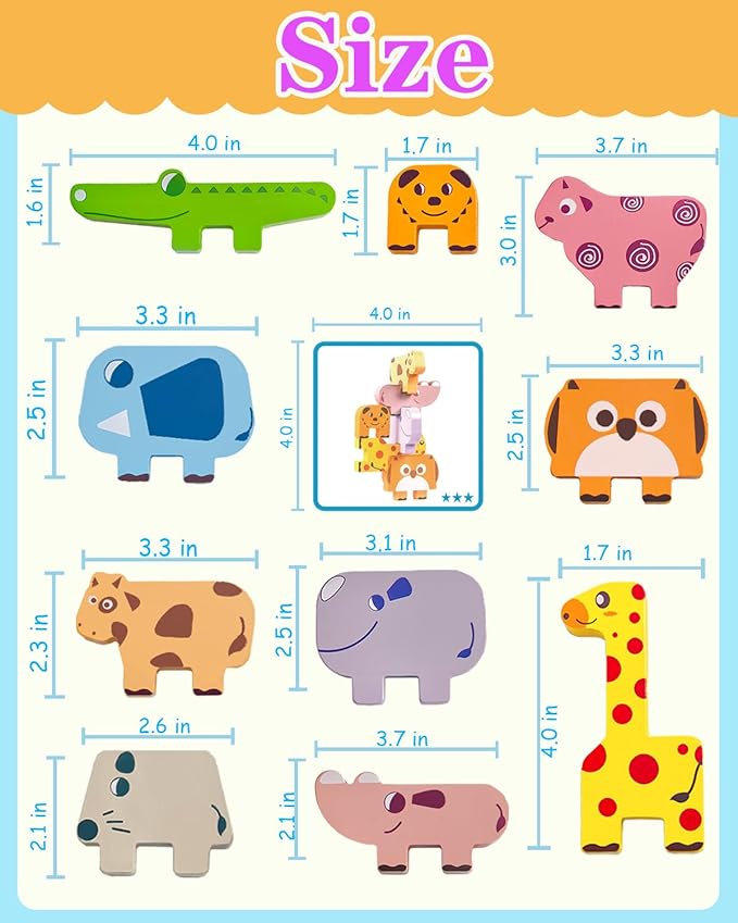 Montessori Toys for 1 2 3 4 Year Old Boys Girls, Toddler Toys Age 2-4, 10 Pack Wooden Animal Blocks Sorting & Stacking Education Toddler Puzzles Toy,1 2 3 4 Year Old Girl Boy Birthday Gifts