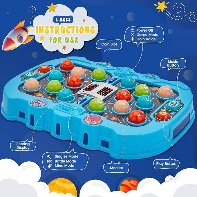 Whack a mole Game for 3 4 5 6+ Year Old Boys, Interactive Pounding Bench with 9 Speed Levels, Interactive Educational Toy with Sound and Light,PK Mode with 2 Hammers