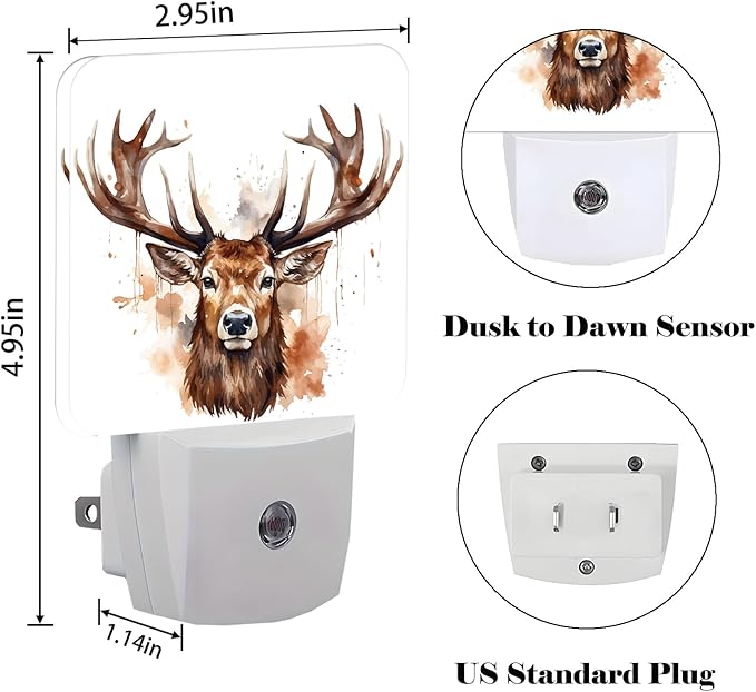 Watercolor Forest Deer Night Light,Plug-in Nightlights Auto Sensor Night Lamp Dusk-to-Dawn Lamp Home Decor for Nursery Children Girls Boys