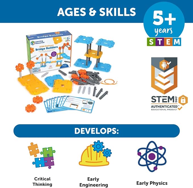 Learning Resources STEM Explorers Bridge Builders, Ages 5+, STEM Toys, STEM Building Toys, STEM Kits, Kids STEM Projects, Build It Yourself Toys,72 Pieces