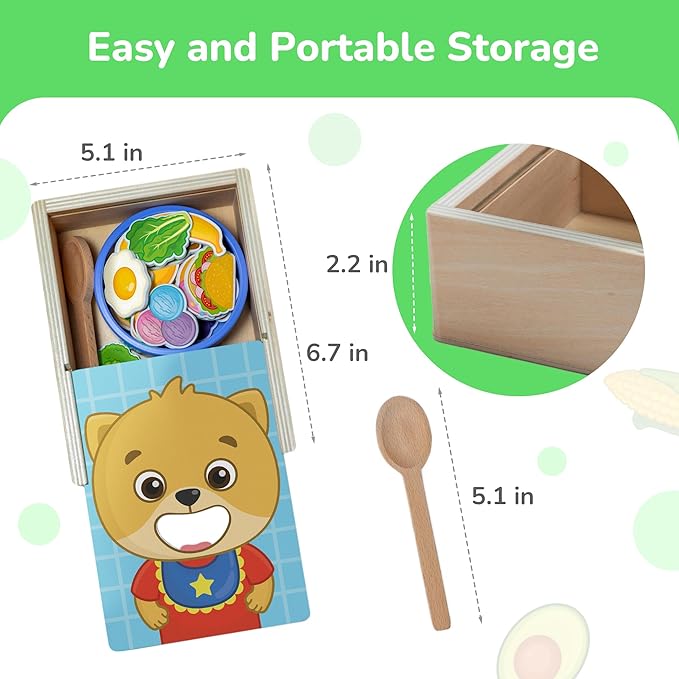 Bimi Boo Wooden Feeding Toy - Montessori Scooping Toy for Toddlers 1-4+ - Fine Motor Skills Pretend Play Food Set for Kids (27 Various Foods, a Spoon, Bowl)