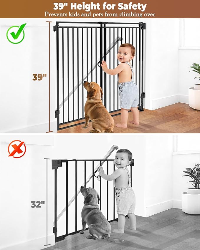 34-53" No Bottom Bar Baby Gates Dog Gate for Stairs, 39" Extra Tall Child Safety Gate with Auto Close Design, Large Walk Thru Door, Extra Wide Hardware Mount Pet Gate for Doorways Deck Indoor Outdoor
