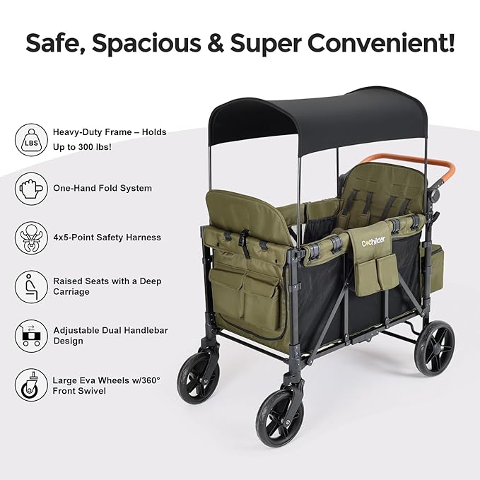 Elite 4-Seater Wagon Stroller for 2-4 Kids, One-Hand Fold, High Seats with 5 Point Harness, Adjustable Handle & Canopy, Green