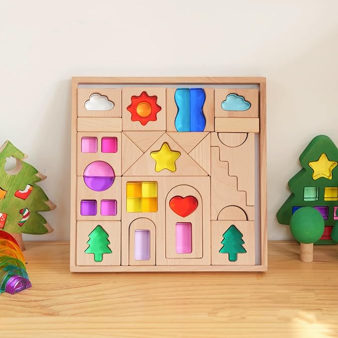45PCS Wooden Acrylic Building Blocks Set with Tray, Include Colorful Acrylic Shapes Stars,Sun,Clouds, Trees, Heart, Educational Construction Toy for Kids (Farm House)