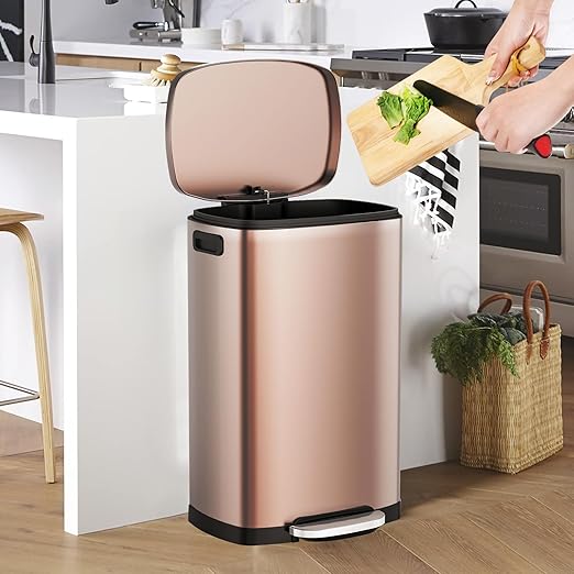 ELPHECO Kitchen Trash Can with Lid Soft Close, 13 Gallon / 50L Stainless Steel Pedal Garbage Can, Heavy-Duty Step Wastebasket with 20 Bags, Removable Bucket, Home Office, Champagne