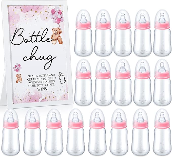 Roowest Bottle Chug Baby Shower Game Favors Including Pink Bear Theme Wooden Sign and 18 Pcs Baby Bottles for Gender Reveal Party Supplies