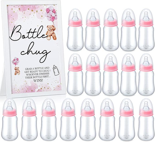 Roowest Bottle Chug Baby Shower Game Favors Including Pink Bear Theme Wooden Sign and 18 Pcs Baby Bottles for Gender Reveal Party Supplies