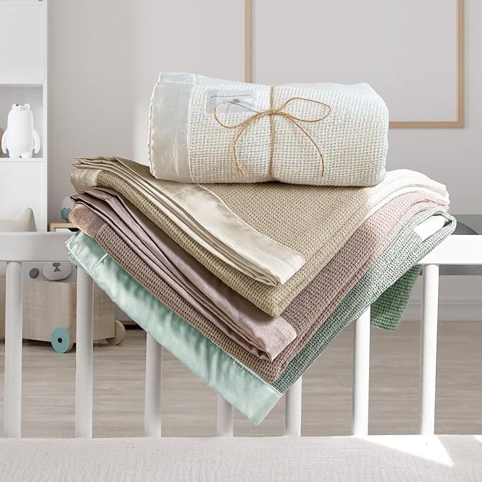 lulumoon Swaddle Baby Blanket: Waffle Blanket with Satin Trim - Soft Breathable Toddler Blankets Perfect for Nursing Cover and Playtime - Cotton Crib Quilt for Daytime Naps 40"x36"(Oat)