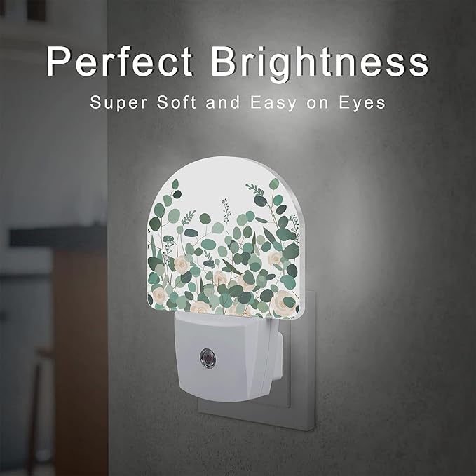 Green Eucalyptus and Rose Flowers Night Light for Kids,Watercolor Botanical Floral Leaves Night Light Plug in with Dusk to Dawn Sensor,0.5w Energy Saving S Nightlight for Boys Girls Home Decor